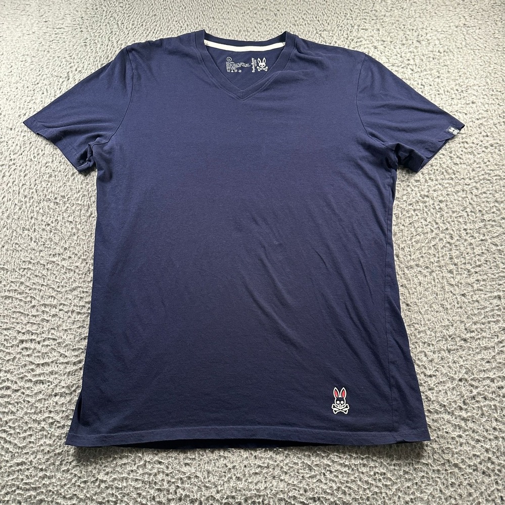 Psycho Bunny Shirt Mens L Navy V Neck Logo‎ Skull Crossbones 100% Cotton Tee